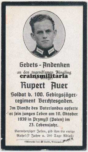 Rupert Auer, Soldat des Gebirgsjäger-Regiment 100 Berchtesgaden (seltener Angabe des genaues Regiment!), gefallen am 10. Oktober 1939 in Przemysl, Polen.jpg