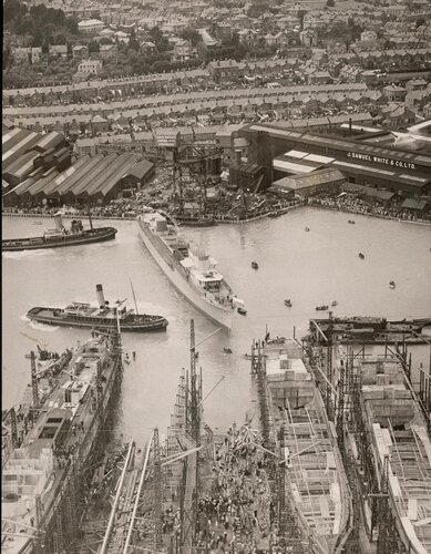 ORP Grom is launched at the J. Samuel White Shipyard in Cowes, Isle of Wight, England on July 20, 1936.jpg